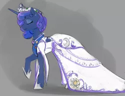 Size: 1280x989 | Tagged: safe, artist:silfoe, derpibooru import, princess luna, pony, royal sketchbook, alternate hairstyle, beautiful, clothes, dress, eyes closed, female, gray background, mare, profile, raised hoof, smiling, solo, wedding dress