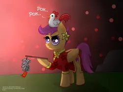 Size: 5000x3750 | Tagged: safe, artist:ahmadafadhil, artist:dunialittlepony, derpibooru import, scootaloo, bird, chicken, pegasus, pony, 2017, absurd resolution, cheongsam, chinese new year, chinese text, clothes, collaboration, cute, cutealoo, fireworks, rooster, scootachicken, year of the rooster