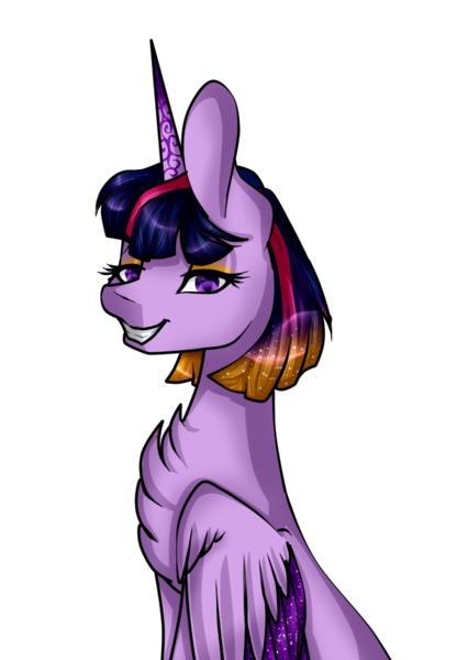 Size: 737x1037 | Tagged: safe, artist:xxmissteaxx, derpibooru import, twilight sparkle, twilight sparkle (alicorn), alicorn, pony, alternate hairstyle, alternate universe, looking at you, sideview, simple background, solo, transparent background