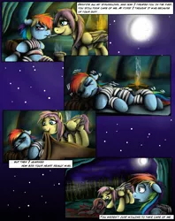 Size: 1935x2449 | Tagged: safe, artist:jamescorck, derpibooru import, commander hurricane, private pansy, pegasus, pony, comic:i will never leave you, bandage, blanket, blood, cave, comic, fire, food, moon, shivering, soup, sweat