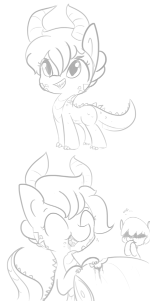 Size: 1080x2160 | Tagged: safe, artist:tjpones, derpibooru import, oc, unofficial characters only, dracony, dragon, earth pony, hybrid, pony, cute, disgusted, eating, eyes closed, food, grayscale, horns, meat, monochrome, sharp teeth, simple background, smiling, teeth, white background