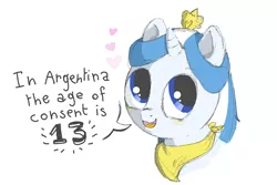 Size: 810x540 | Tagged: argentina, artist:mente, derpibooru import, dialogue, female, filly, heart, lies, nation ponies, oc, oc:princess argenta, ponified, safe, simple background, solo, unofficial characters only, white background