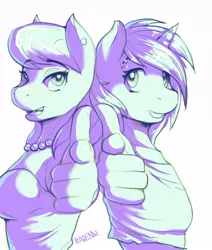 Size: 933x1100 | Tagged: anthro, artist:drbdnv, back to back, clothes, derpibooru import, eyebrow piercing, finger gun, jewelry, monochrome, necklace, octavia melody, pearl necklace, piercing, pointing, safe, shirt, simple background, vinyl scratch, white background
