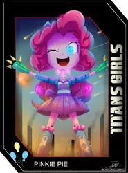 Size: 2025x2737 | Tagged: safe, artist:the-butch-x, derpibooru import, part of a set, pinkie pie, robot, equestria girls, boots, card, clothes, giantess, happy, macro, mecha, modular, one eye closed, open mouth, signature, skirt, smiling, solo, titans girls, transformers, wink