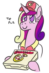 Size: 448x661 | Tagged: artist:jargon scott, c:, cadance's pizza delivery, cute, cutedance, derpibooru import, food, hat, hoof hold, peetzer, pizza, pizza delivery, princess cadance, safe, simple background, smiling, solo, tip, white background
