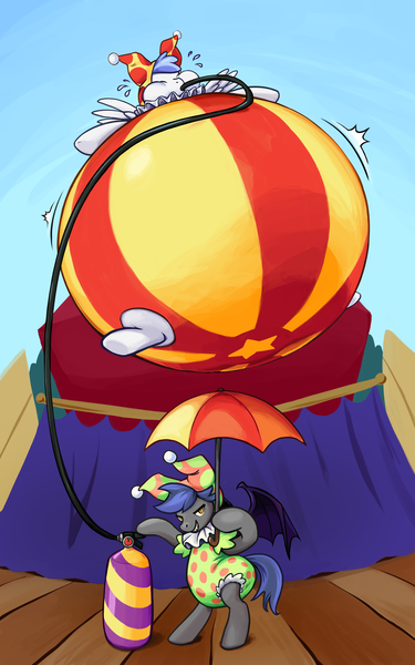 Size: 2550x4082 | Tagged: questionable, artist:featherhead, derpibooru import, oc, oc:black, oc:white, unofficial characters only, bat pony, pegasus, pony, absurd resolution, balloon, confetti, diaper, diaper fetish, doom, evil grin, grin, helium tank, imminent explosion, inflation, jester, objectification, onesie, performance, poofy diaper, smiling, smirk, stage, umbrella