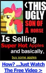 Size: 293x461 | Tagged: safe, derpibooru import, apple bloom, earth pony, pony, advertisement, buy some apples, clickbait, fake ad, female, filly, mare, meme, needs more jpeg, parody, porn ads, solo, text, this ugly son of a bitch