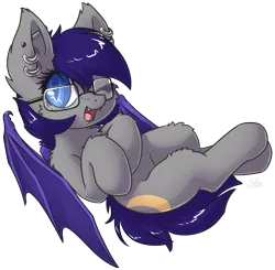 Size: 1865x1827 | Tagged: safe, artist:sapphfyr, derpibooru import, oc, oc:moondew, unofficial characters only, bat pony, pony, cheek fluff, chest fluff, colored pupils, cute, ear fluff, ear piercing, earring, fluffy, gauges, glasses, jewelry, lip piercing, looking at you, nose piercing, on back, one eye closed, piercing, simple background, snake bites, solo, tongue piercing, transparent background, wink