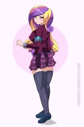 Size: 659x1000 | Tagged: suggestive, artist:thebrokencog, derpibooru import, princess cadance, equestria girls, armband, big nipples, blushing, clothes, crystal prep academy, crystal prep academy uniform, crystal prep shadowbolts, dean cadance, erect nipples, female, human coloration, lidded eyes, mary janes, nipple outline, nipples, pleated skirt, raised eyebrow, rear view, school uniform, sexy, shadow, shoes, simple background, skirt, socks, solo, solo female, student, thigh highs, white background, younger, zettai ryouiki