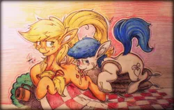 Size: 1280x810 | Tagged: suggestive, artist:tamikimaru, derpibooru import, applejack, oc, oc:constance everheart, applesauce, blushing, canon x oc, everjack, food, foodplay, licking, shipping, tongue out