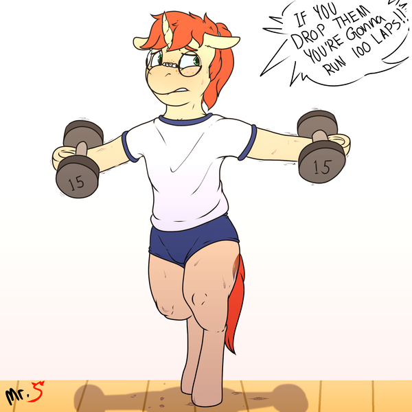 Size: 2000x2000 | Tagged: safe, artist:mr.smile, derpibooru import, oc, oc:scribble notes, unofficial characters only, pony, unicorn, bipedal, blushing, glasses, nerd, nerd pony, p.e, screaming, solo, sweat, workout