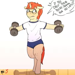 Size: 2000x2000 | Tagged: safe, artist:mr.smile, derpibooru import, oc, oc:scribble notes, unofficial characters only, pony, unicorn, bipedal, blushing, glasses, nerd, nerd pony, p.e, screaming, solo, sweat, workout