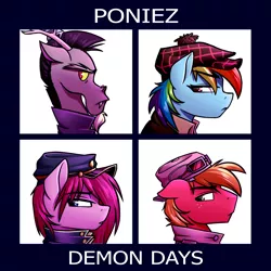 Size: 13000x13000 | Tagged: safe, artist:rubywave32, derpibooru import, big macintosh, discord, pinkie pie, rainbow dash, ponified, earth pony, pony, absurd file size, absurd resolution, album cover, clothes, demon days, gorillaz, hat, jacket, male, pinkamena diane pie, ponified album cover, stallion