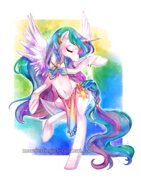 Size: 1994x2513 | Tagged: safe, artist:marejestic, derpibooru import, princess celestia, pony, belly button, belly dancer, bipedal, bocas top, braid, ear piercing, earring, eyes closed, female, horn jewelry, jewelry, loincloth, mare, piercing, solo, spread wings, watermark