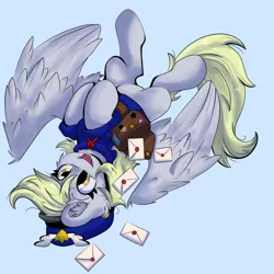 Size: 720x720 | Tagged: safe, artist:spectraart, derpibooru import, derpy hooves, pegasus, pony, cheek fluff, clothes, ear fluff, female, flying, letter, mailbag, mailmare, mare, simple background, solo, uniform, upside down