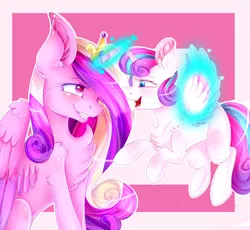 Size: 3000x2756 | Tagged: safe, artist:cartoonivia, derpibooru import, princess cadance, princess flurry heart, alicorn, pony, chest fluff, flying, grin, magic, mother and daughter, smiling, spread wings, telekinesis