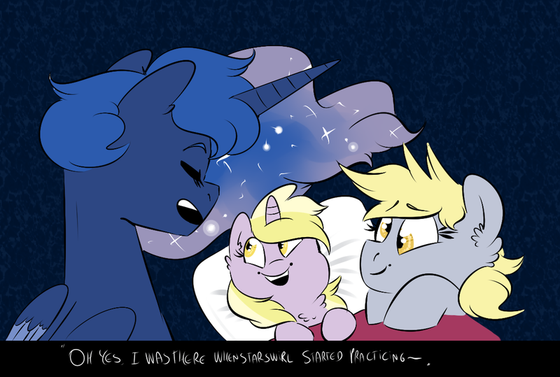 Size: 1140x768 | Tagged: safe, artist:soft-arthropod, derpibooru import, derpy hooves, dinky hooves, princess luna, pegasus, pony, bed, derpyluna daily, female, lesbian, lunaderp, mare, on back, shipping