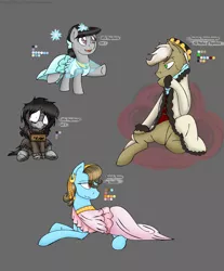 Size: 1280x1547 | Tagged: semi-grimdark, artist:stuflox, derpibooru import, beauty brass, frederic horseshoepin, octavia melody, earth pony, pony, the count of monte rainbow, ali pasha, bruised, clothes, crossover, dress, female, filly, haydée, prone, reference sheet, sign, the count of monte cristo, vasiliki, younger