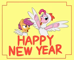 Size: 1794x1440 | Tagged: animal costume, artist:sirius, chicken pie, chicken suit, chinese new year, clothes, costume, derpibooru import, duo, happy, pinkie pie, safe, scootachicken, scootaloo, unamused, underhoof, year of the rooster