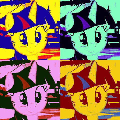 Size: 478x478 | Tagged: safe, derpibooru import, edit, edited screencap, screencap, twilight sparkle, twilight sparkle (alicorn), alicorn, pony, unicorn, ppov, andy warhol, cute, excited, happy, modern art, pop art, solo