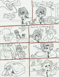 Size: 4976x6480 | Tagged: absurd resolution, anthro, anthro with ponies, artist:flicker-show, claws, clothes, context in description, cute, demon pony, derpibooru import, dialogue, laughing, male, monochrome, mother and son, necktie, nightmare on elm street, oc, oc:flicker show, open clothes, semi-grimdark, sketch, smiling, stroller, television, traditional art, unofficial characters only, younger