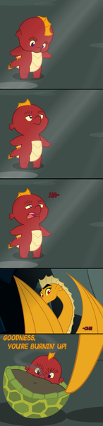 Size: 600x2470 | Tagged: artist:queencold, baby, baby dragon, comic, comic:mommy issues, derpibooru import, dialogue, dragon, dragoness, dragon oc, duo, garble, gardorable, mother, mother and son, oc, oc:caldera, rocking, safe, smoke, sneezing, turtle shell, younger