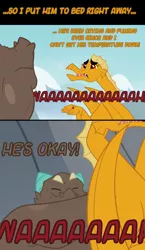 Size: 600x1034 | Tagged: artist:queencold, baby dragon, comic:mommy issues, crying, derpibooru import, dialogue, dragon, dragoness, dragon oc, garble, mother, oc, oc:caldera, oc:grandma griddle, pushing, safe, younger