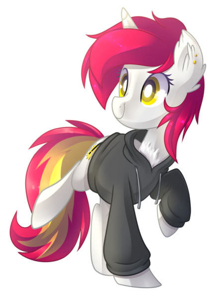 Size: 1572x2100 | Tagged: safe, artist:drawntildawn, derpibooru import, oc, unofficial characters only, pony, unicorn, clothes, hoodie, raised hoof, simple background, solo, transparent background