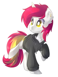 Size: 1572x2100 | Tagged: safe, artist:drawntildawn, derpibooru import, oc, unofficial characters only, pony, unicorn, clothes, hoodie, raised hoof, simple background, solo, transparent background