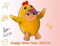Size: 1326x1024 | Tagged: animal costume, artist:brianchoobrony-artie, bipedal, blushing, chicken leg, chicken suit, chinese new year, chinese text, chinese zodiac, clothes, costume, cute, cutealoo, derpibooru import, food, frown, glare, gradient background, orange, pink background, safe, scootachicken, scootaloo, scootaloo is not amused, simple background, solo, spread wings, text, unamused, wings, year of the rooster