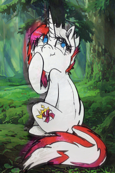 Size: 900x1350 | Tagged: safe, artist:pepperscratch, derpibooru import, oc, oc:peppermint crush, unofficial characters only, pony, unicorn, female, forest, mare, sitting, solo, traditional art, tree