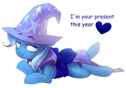 Size: 1024x714 | Tagged: safe, artist:starlyflygallery, derpibooru import, trixie, pony, unicorn, bow, cape, clothes, colored pupils, cute, diatrixes, female, gift wrapped, hat, lidded eyes, mare, prone, simple background, solo, transparent background, trixie's cape, trixie's hat