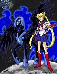 Size: 720x932 | Tagged: safe, artist:texasuberalles, derpibooru import, nightmare moon, alicorn, human, pony, boots, crossover, duo, earth, high heel boots, moon, planet, sailor moon, serena tsukino, space, staff, stars, tsukino usagi