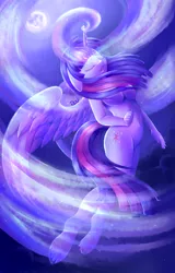 Size: 1600x2500 | Tagged: alicorn, anthro, artist:x-piiu, belly button, breasts, derpibooru import, eyes closed, female, floating, glowing horn, magic, nudity, signature, solo, solo female, spread wings, strategically covered, suggestive, twilight sparkle, twilight sparkle (alicorn), unguligrade anthro, wings