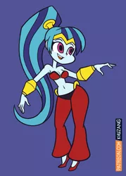 Size: 1071x1500 | Tagged: suggestive, artist:khuzang, derpibooru import, sonata dusk, genie, equestria girls, rainbow rocks, belly button, belly dancer, breasts, busty sonata dusk, clothes, costume, crossover, curvy, female, ponytail, shantae, shantae (character), simple background, smiling, solo, solo female