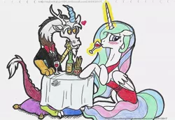 Size: 1024x706 | Tagged: safe, artist:artistnjc, deleted from derpibooru, derpibooru import, discord, princess celestia, alicorn, draconequus, alcohol, blushing, clothes, date night, dislestia, dress, drink, female, food, looking away, male, mare, nervous, romantic, shipping, simple background, smiling, straight, table, traditional art, tuxedo, wine