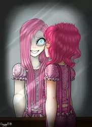 Size: 1700x2338 | Tagged: artist:crazymartinz16, clothes, derpibooru import, duality, hair over one eye, human, humanized, mirror, pinkamena diane pie, pinkie pie, reflection, safe, solo, suspenders