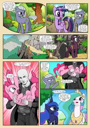 Size: 1355x1920 | Tagged: safe, artist:pencils, derpibooru import, pinkie pie, princess celestia, princess luna, twilight sparkle, twilight sparkle (alicorn), oc, oc:anon, oc:moonglow twinkle, alicorn, earth pony, human, pony, unicorn, comic:anon's pie adventure, anon ride, belt, belt buckle, bow, carrying, clothes, comic, crown, cute, diapinkes, female, glasses, grass, holding a pony, human male, jewelry, looking back, looking up, male, mare, necklace, open mouth, overcoat, pants, raspberry, regalia, shirt, speech bubble, tail bow, tongue out, tree