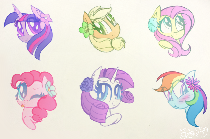 Size: 2716x1795 | Tagged: safe, artist:siggie740, derpibooru import, applejack, fluttershy, pinkie pie, rainbow dash, rarity, twilight sparkle, :i, blushing, bust, cute, dashabetes, diapinkes, flower, flower in hair, jackabetes, looking at you, mane six, one eye closed, portrait, raribetes, shyabetes, simple background, tongue out, traditional art, twiabetes, white background