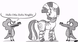 Size: 825x442 | Tagged: angry, artist:bunnimation, crocs, crossover, derpibooru import, dialogue, engrish, grayscale, monochrome, pearls before swine, safe, simple background, white background, zebra, zecora