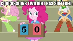 Size: 2560x1440 | Tagged: safe, derpibooru import, screencap, applejack, fluttershy, pinkie pie, twilight sparkle, totally legit recap, equestria girls, bleachers, boots, clothes, concussion, cowboy boots, high heel boots, score, scoreboard, skirt, socks