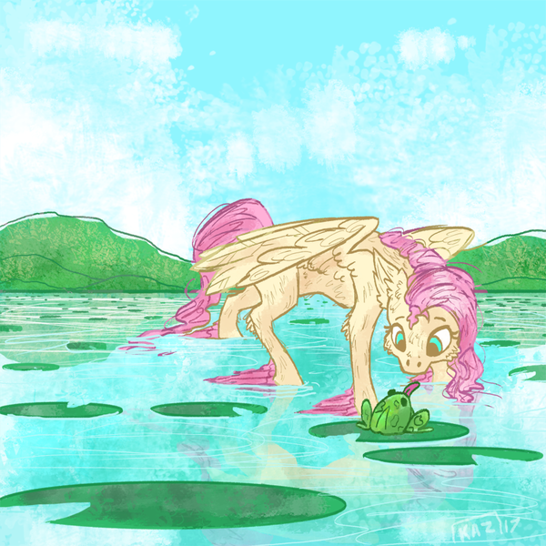 Size: 800x800 | Tagged: artist:sun-shimmer, derpibooru import, fluttershy, frog, lilypad, pond, safe, solo, water