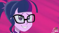 Size: 4800x2700 | Tagged: safe, artist:normgear2, derpibooru import, sci-twi, twilight sparkle, equestria girls, absurd resolution, clothes, glasses, signature, solo