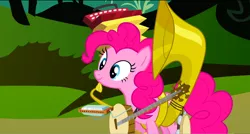 Size: 1360x730 | Tagged: safe, derpibooru import, screencap, pinkie pie, earth pony, pony, swarm of the century, accordion, banjo, cymbals, female, harmonica, mare, musical instrument, one-pony band, smiling, solo, sousaphone, tambourine