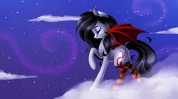 Size: 4500x2527 | Tagged: safe, artist:scarlet-spectrum, derpibooru import, oc, oc:scarlet spectrum, unofficial characters only, bat, bat pony, pony, absurd resolution, clothes, cloud, cloudy, eyes closed, female, mare, night, night sky, on a cloud, raised hoof, raised leg, smiling, socks, solo, spread wings, stars, striped socks