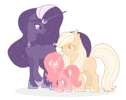 Size: 902x715 | Tagged: safe, artist:unoriginai, derpibooru import, applejack, nightmare rarity, rarity, oc, pony, colored pupils, family, female, freckles, jewelry, lesbian, limited palette, long horn, long mane, long tail, looking at each other, looking up, magical lesbian spawn, missing accessory, missing cutie mark, nightmare rarijack, offspring, parent:applejack, parent:nightmare rarity, parent:rarity, parents:rarijack, raised hoof, rarijack, regalia, shadow, shipping, simple background, size difference, smiling, transparent background
