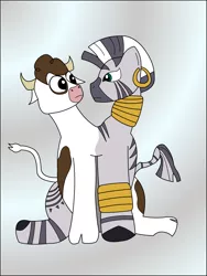 Size: 2449x3265 | Tagged: artist:rakesuk, conjoined, cow, cowbra, daisy jo, derpibooru import, fusion, looking at each other, multiple heads, safe, two heads, we have become one, xebra, zebra, zebrow, zecora
