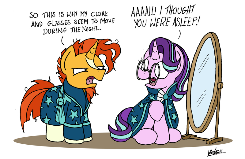 Size: 2382x1547 | Tagged: safe, artist:bobthedalek, derpibooru import, starlight glimmer, sunburst, pony, unicorn, accessory theft, bathrobe, caught, clothes, cute, duo, funny, glasses, mirror, open mouth, signature, simple background, starlight wearing sunburst's robe, sunburst is not amused, sunburst's glasses, sunburst's robe, surprised, unamused, white background