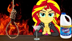 Size: 2560x1440 | Tagged: semi-grimdark, derpibooru import, edit, edited screencap, screencap, sunset shimmer, totally legit recap, equestria girls, alcohol, bleach, edgy, fire, gendo pose, implied hanging, looking at you, martini, noose, solo, youtube link