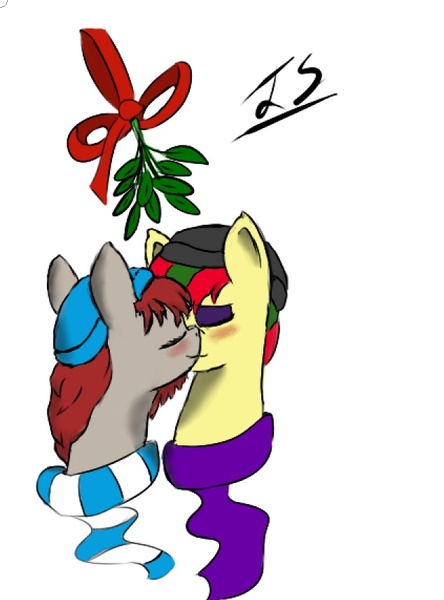 Size: 634x857 | Tagged: artist:sun-yehoshua, attypone, beanie, clothes, couple, derpibooru import, eyeshadow, hat, makeup, male, mistletoe, oc, oc:attraction, oc:ponepony, oc x oc, safe, scarf, shipping, simple background, straight, unofficial characters only, white background